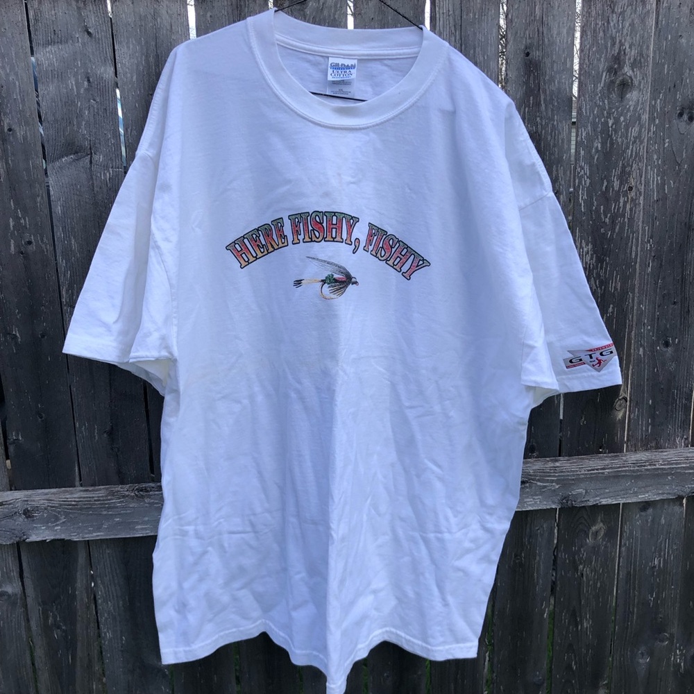 Gildan White Short-Sleeve Tee with 'Here Fishy, Fishy' Graphic